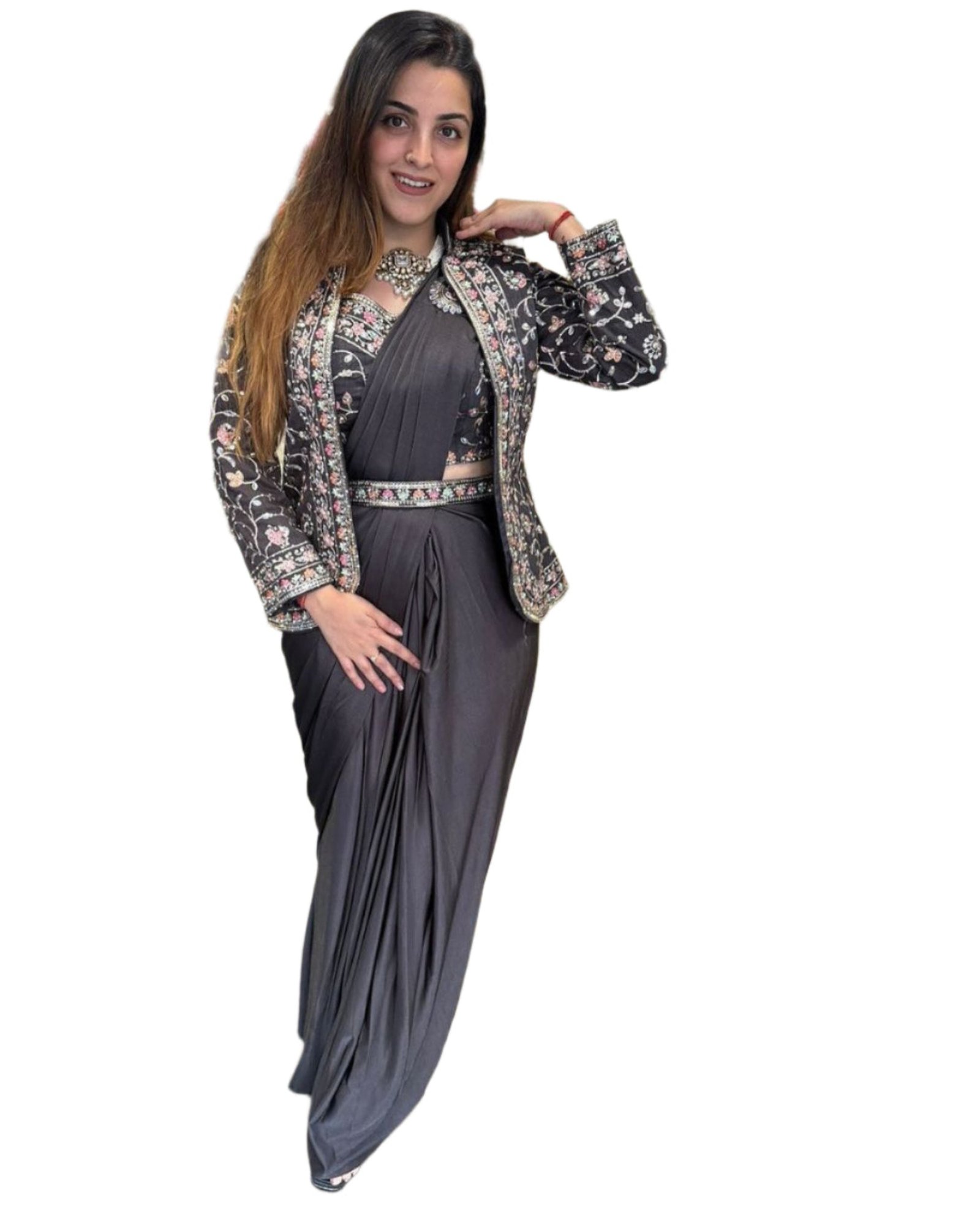 Ready to Wear Embroidered Satin Saree with Jacket & Belt