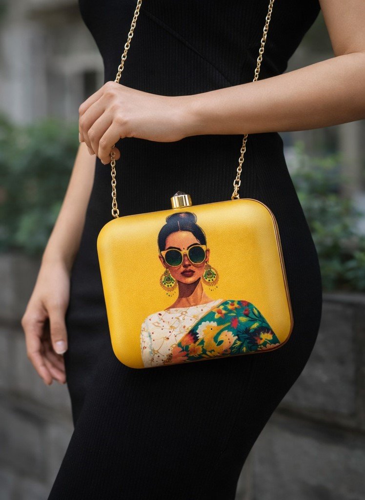 Golden Designer Printed Sling Clutch | Golden Artistic Print Matte Satin Sling Clutch Bag