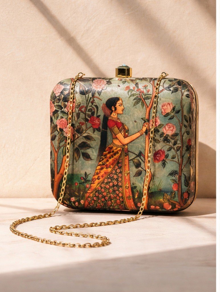 Vintage Green Hand painted Ethnic Clutch Bag | Vintage Green Royal Garden Art Clutch