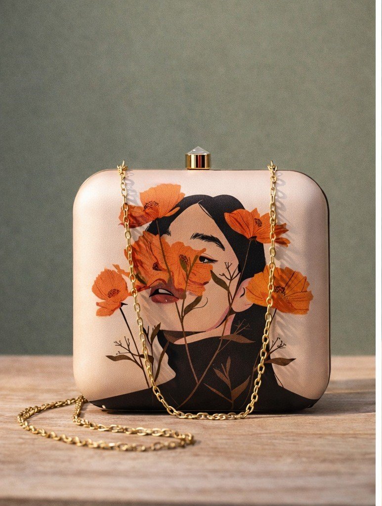 Beige Floral Art Printed Clutch Bag | Beige Blossom Portrait Designer Clutch