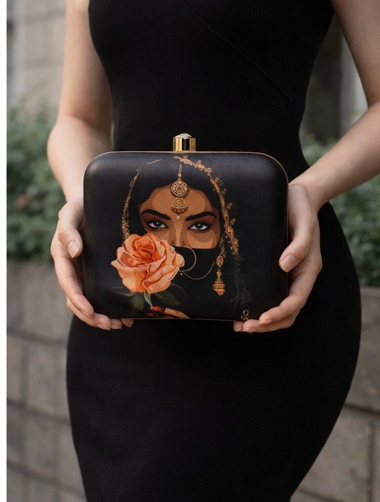 Black Ethnic Portrait Clutch Bag | Black Rose Ethnic Designer Clutch