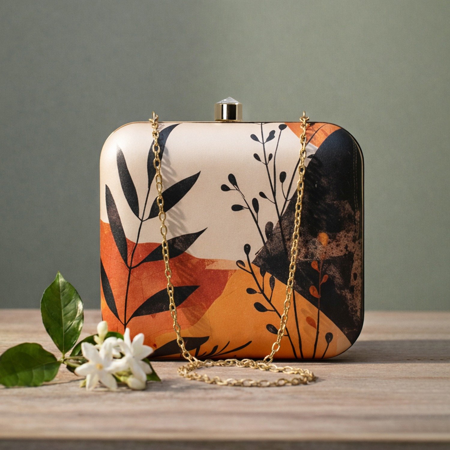 Autumn Leaf Box Clutch Bag for Women Gold Orange Chain Purse