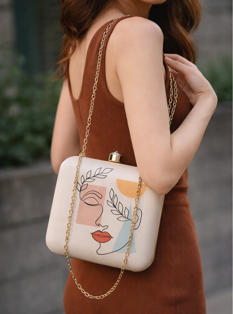 Abstract Face Art Box Clutch for Women Cream Multicolour Chain Purse