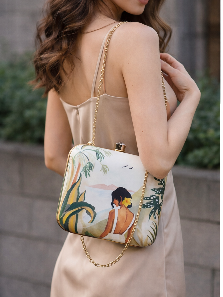 Tropical Serenity Box Clutch for Women Cream Green Printed Sling Purse