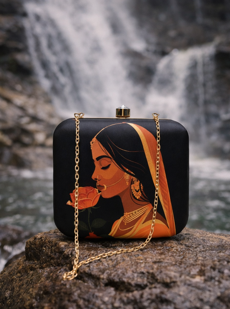 Royal Grace Box Clutch for Women | Black Orange Indian Ethnic Printed Sling Purse