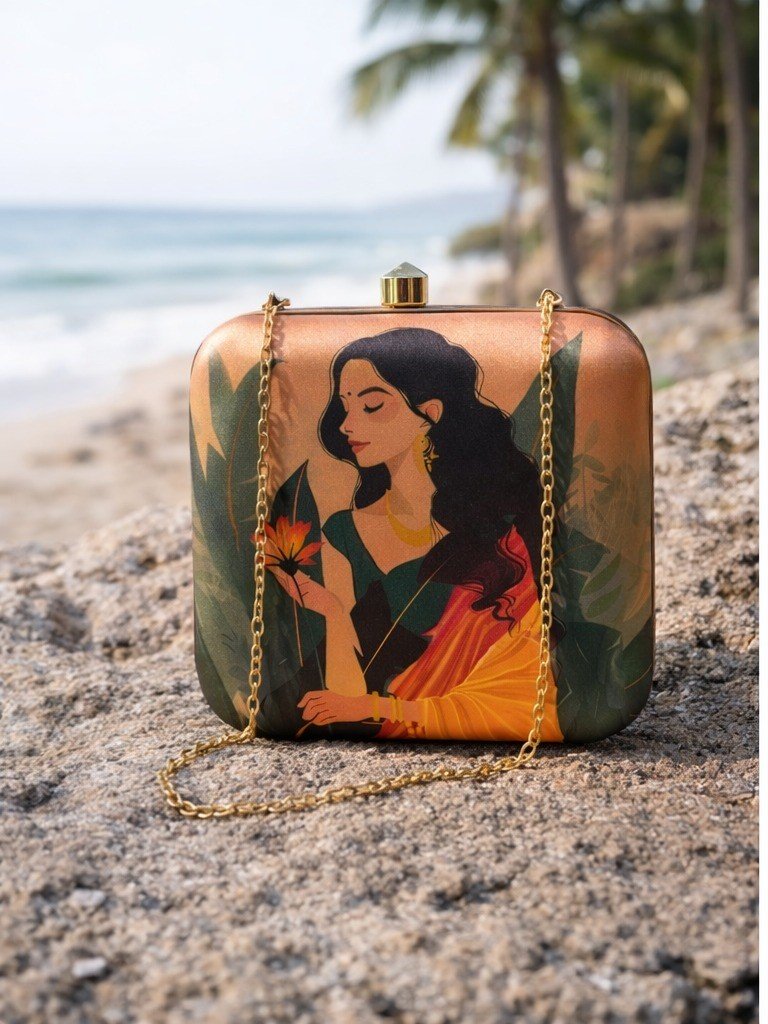 Golden Muse Box Clutch for Women | Gold Green Ethnic Art Printed Sling Purse