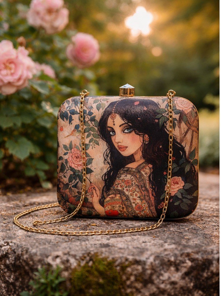 Vintage Rose Box Clutch for Women | Beige Floral Art Printed Sling Purse