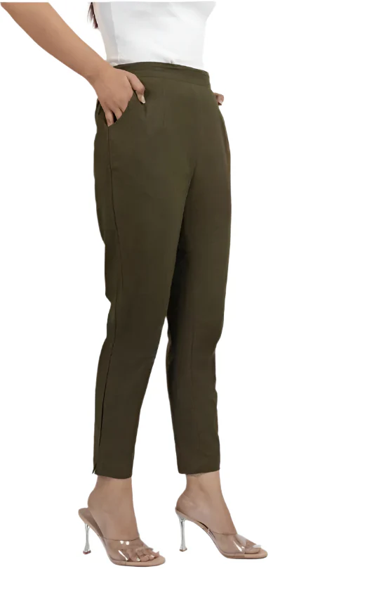 Olive Green Cotton Pants for Women | Women’s Olive Green Cotton Straight Fit Pants