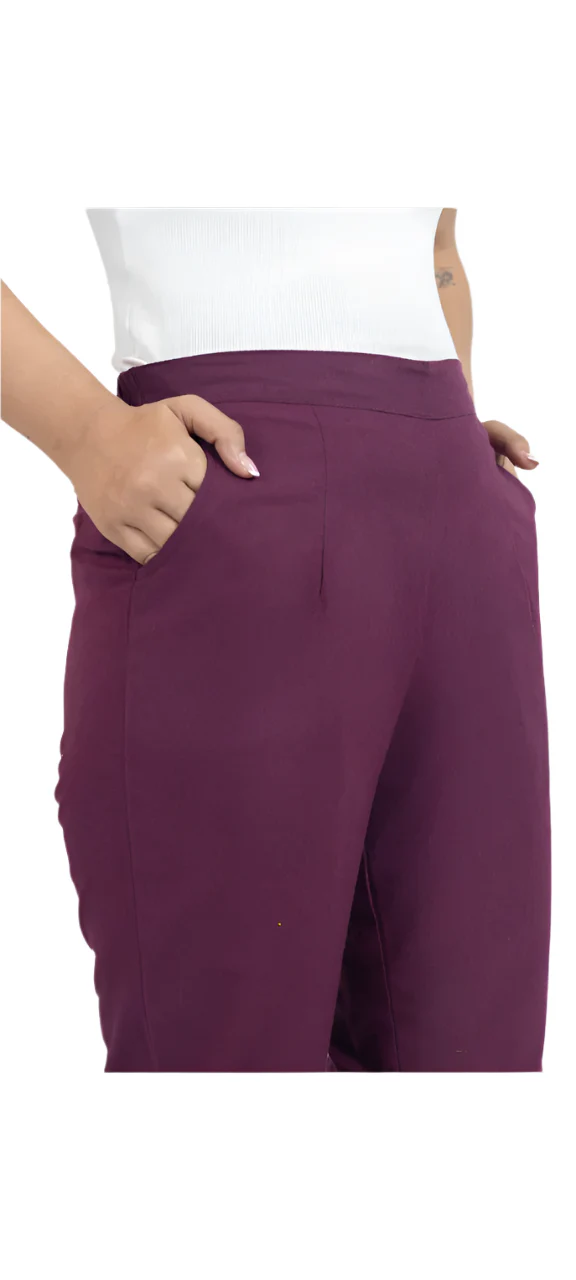 Plum Cotton Pants for Women |  Purple Cotton Straight Fit Pants