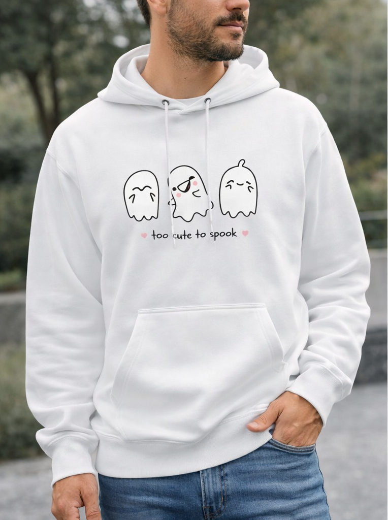 Cute Ghost Print White Hoodie | Too Cute To Spook White Graphic Hoodie