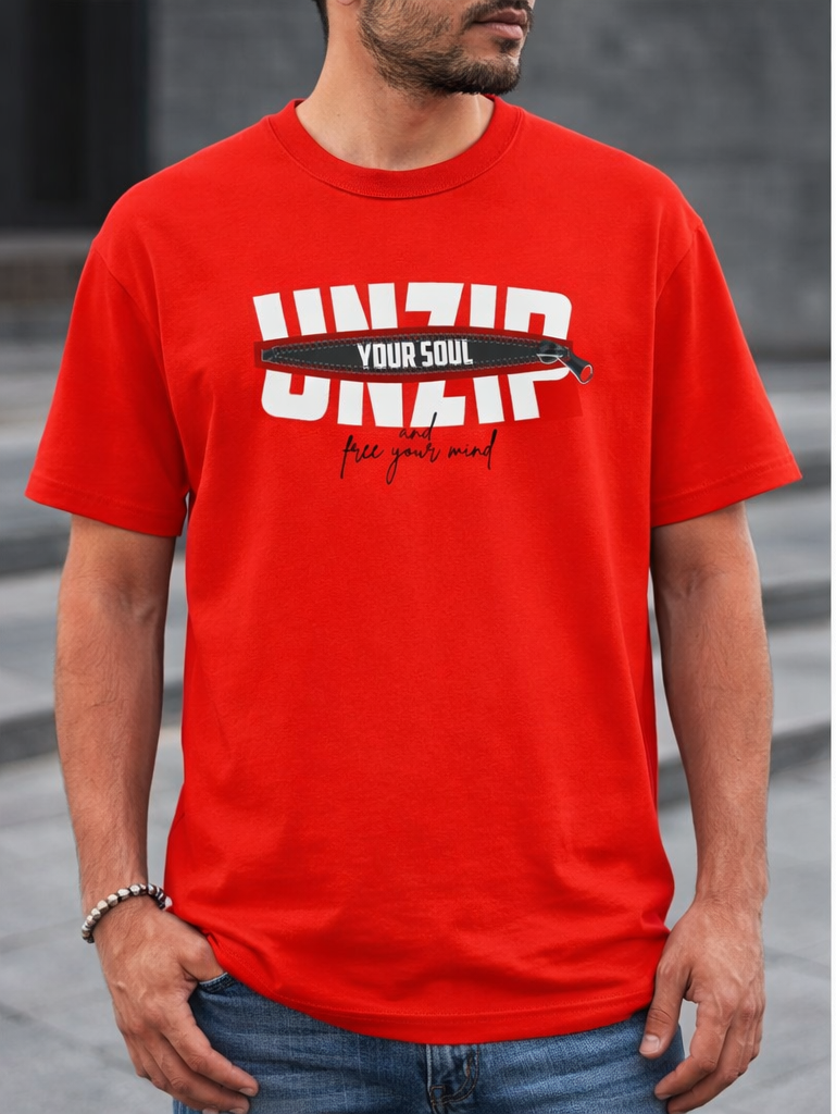 Red UNZIP Graphic Printed T-Shirt for Men | Unzip Your Soul Red Graphic T-Shirt