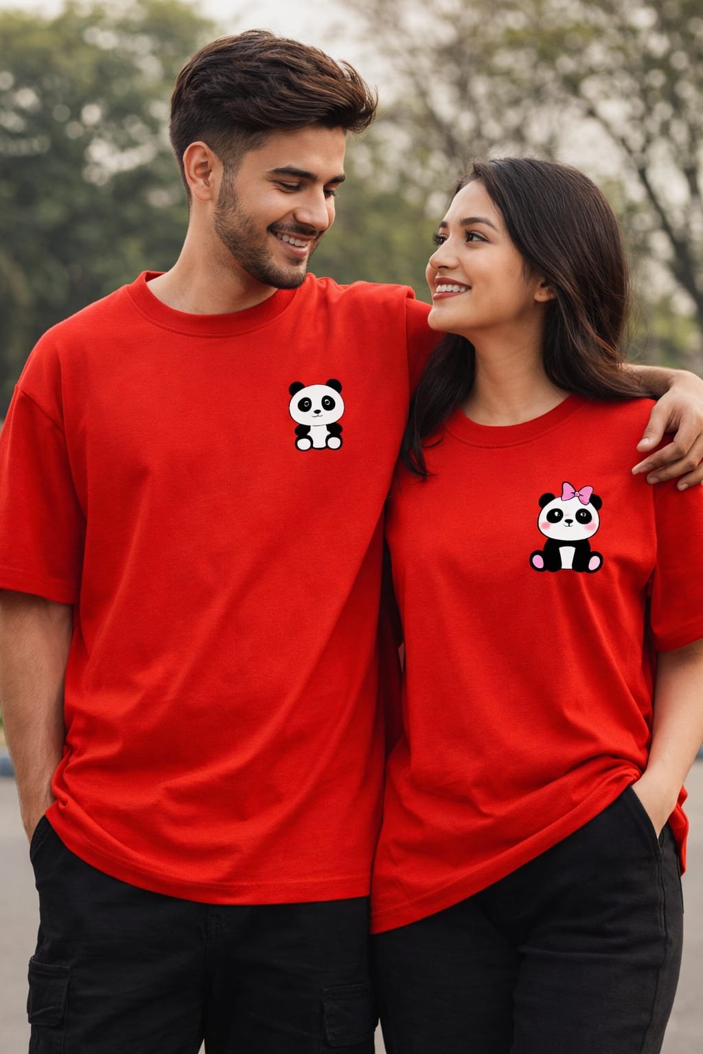 Cute Panda Couple Red T-Shirt Set | Red Panda Couple Matching T-Shirts