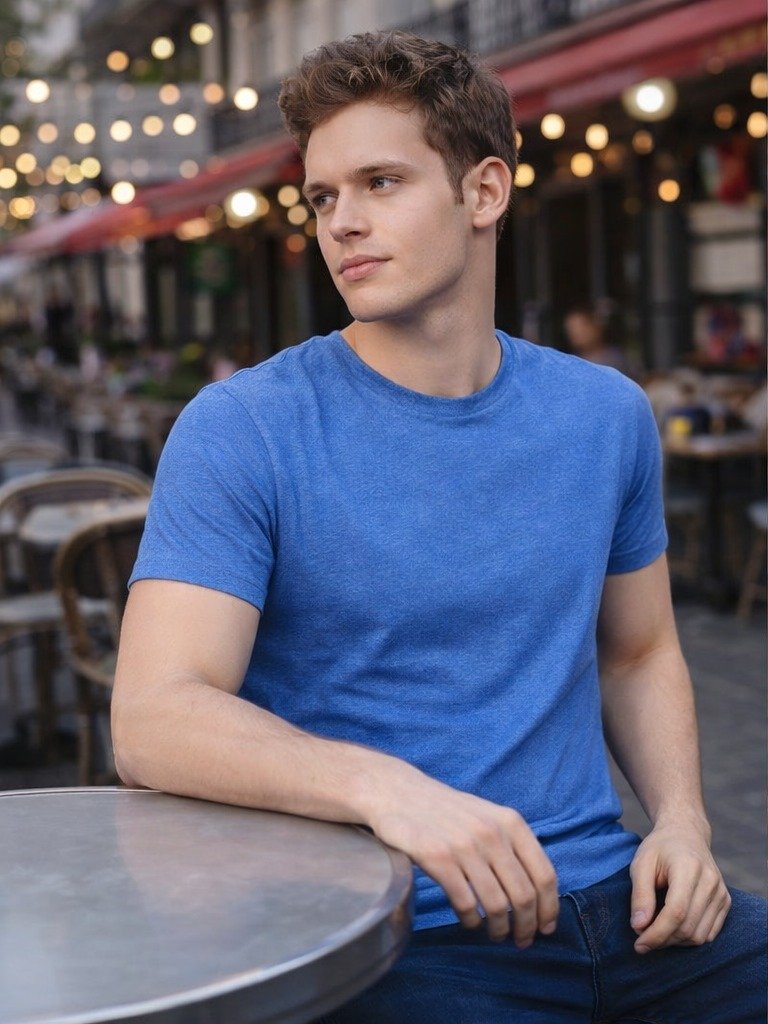 Royal Blue Melange 200 GSM Cotton Blend Round Neck T-Shirt