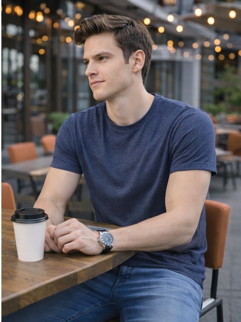 Men Navy Melange Round Neck Cotton Blend T-Shirt