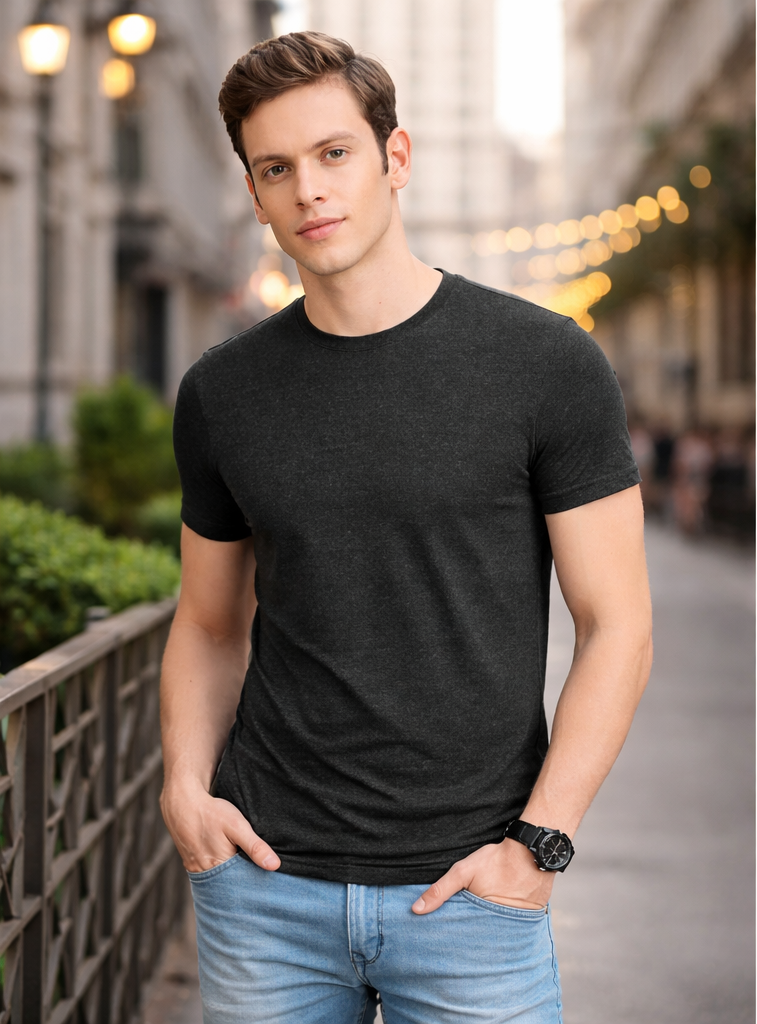 Men Charcoal Melange Round Neck Cotton Blend T-Shirt