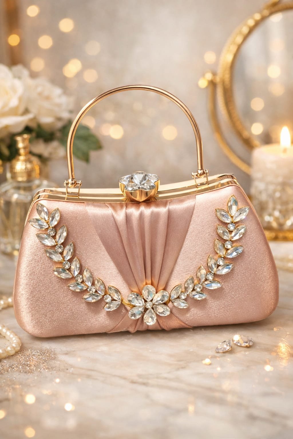 Blush Pink Party Clutch Bag | Elegant Crystal Floral Clutch