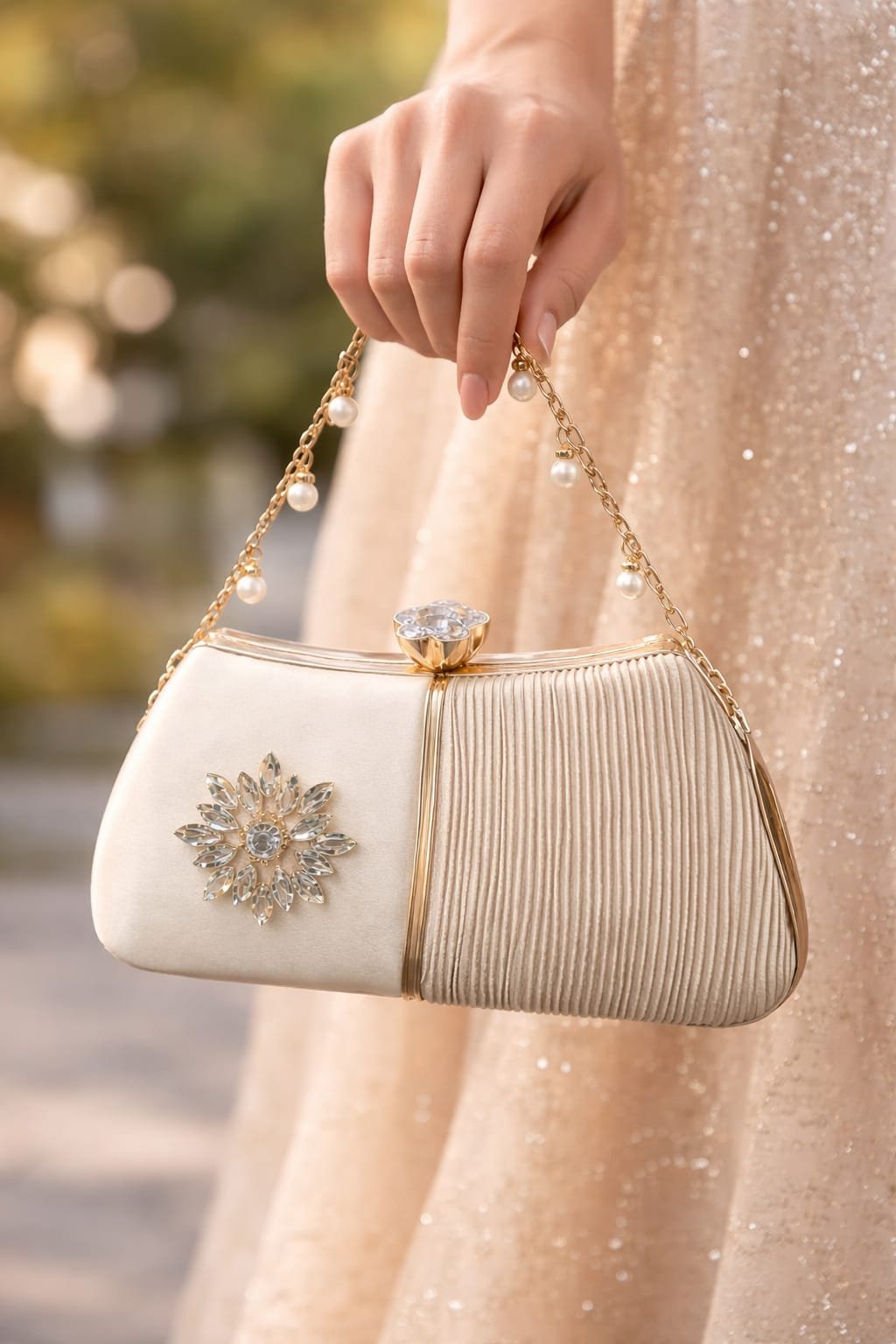 Champagne Gold Evening Clutch Bag | Elegant Pearl Chain Party Clutch