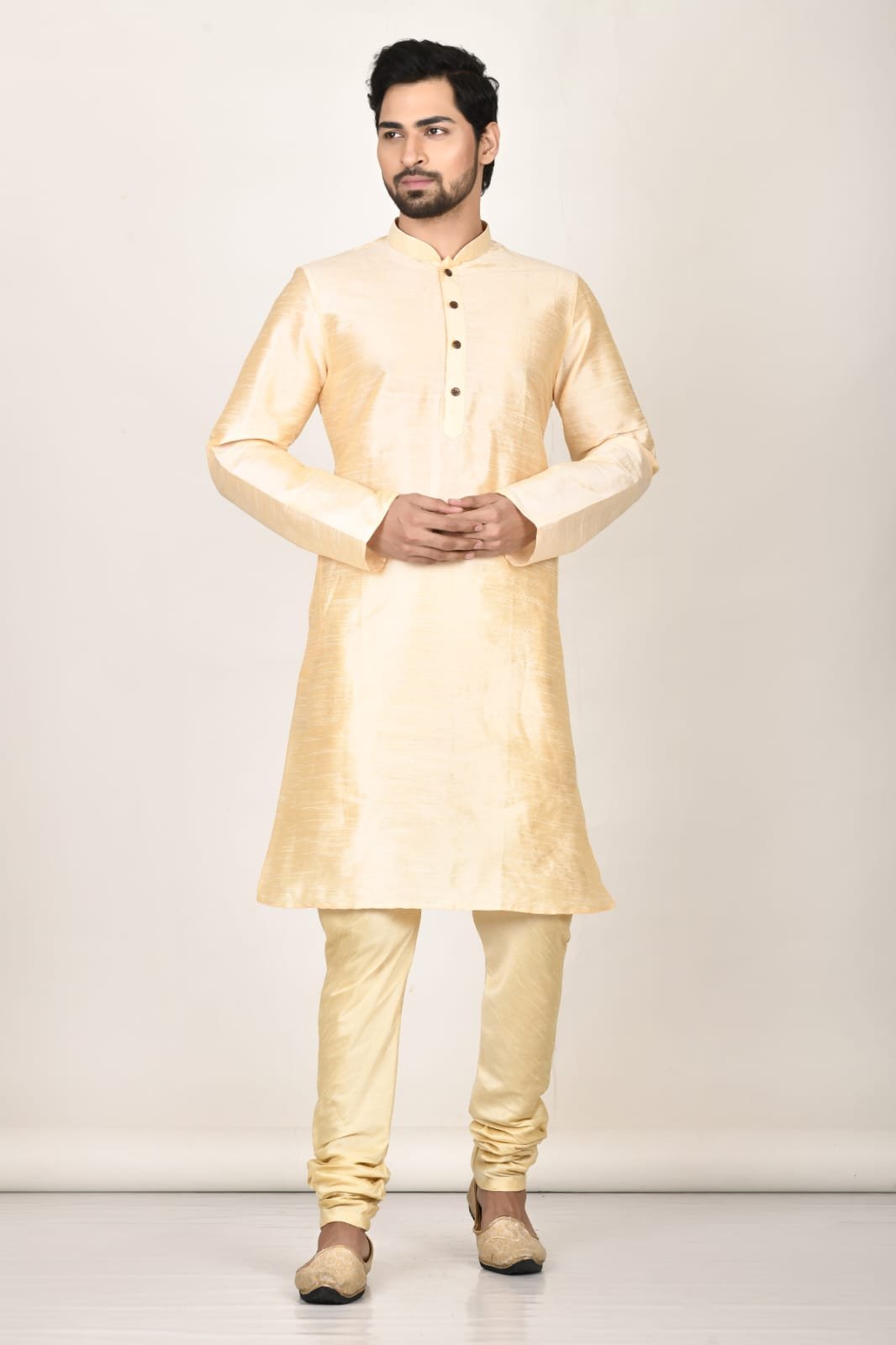 Men’s Cream Gold Silk Kurta Pajama Set – Wedding & Festive Ethnic Wear for Men