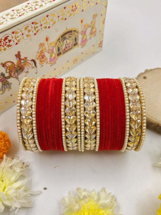 Wedding Chuda Gold Plated Crystal Stone And Elegant Red Velvet Bangles Set