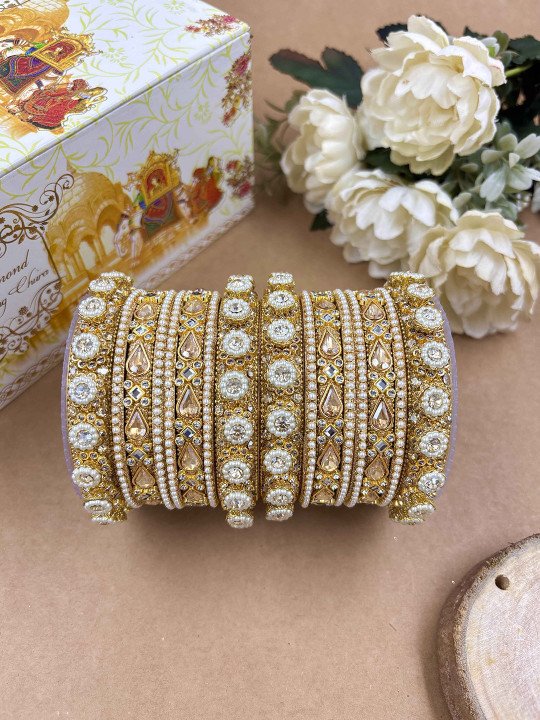 Brass Crystal Gold-plated Bangle Set (Traditional Kundan Bridal Bangle Set with Pearl Work)