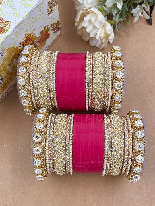 Wedding Chuda Gold Plated Austrian Stone & Rani pink And Pearl Acrylic Bangles Set