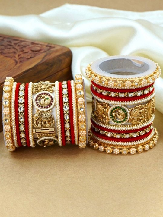 Wedding Chuda Kundan And Hathi Peacock Velvet Bridal Bangles Set