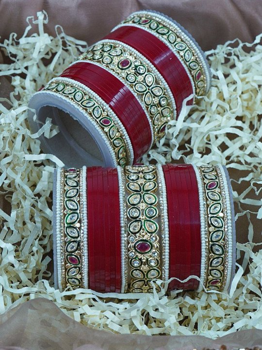 Red Green Punjabi Kada Chudi Set for Brides