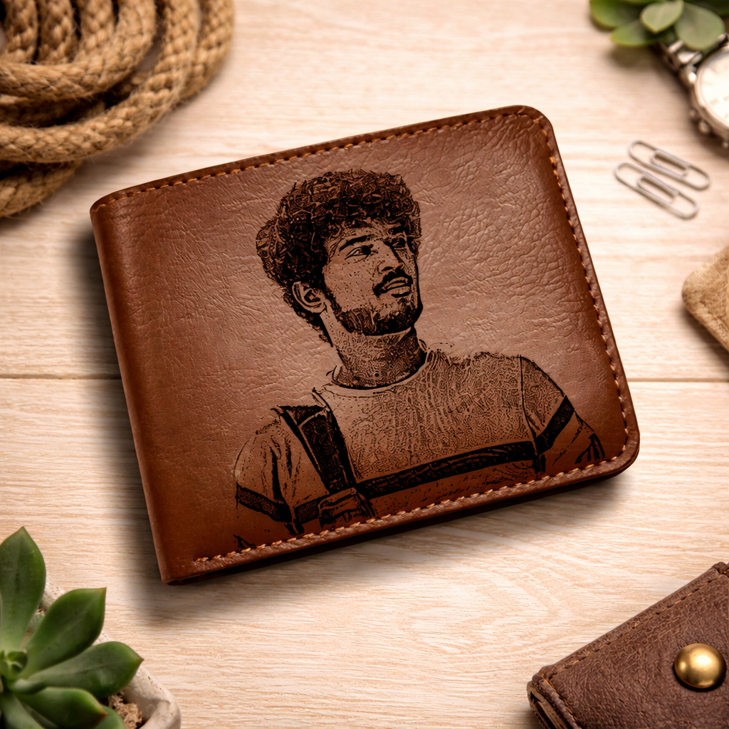 Customised PU Leather Wallet for Men with Name and Picture, Personalised Card Holder for Gifting to Husband, Brother, Father or Friend