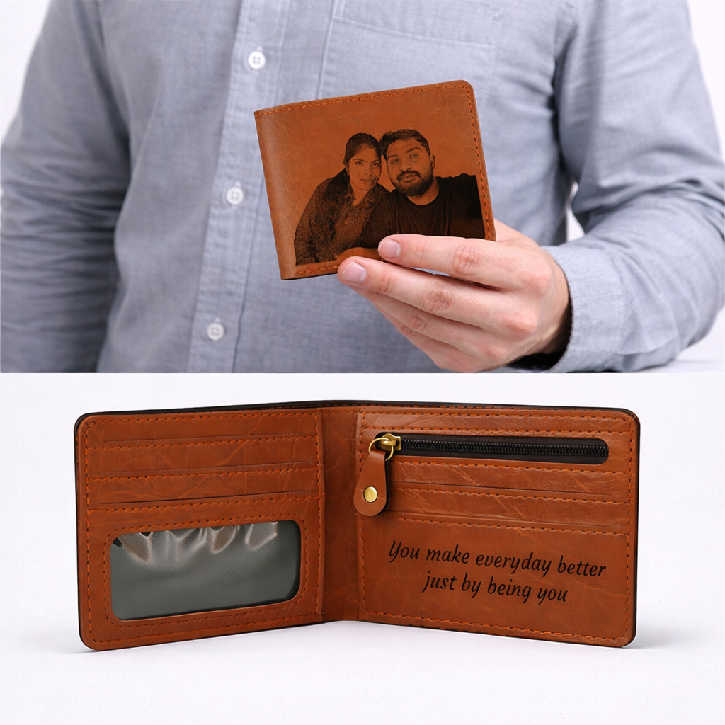 Customised PU Leather Wallet for Men with Name and Picture, Personalised Card Holder for Gifting to Husband, Brother, Father or Friend for Bags online India