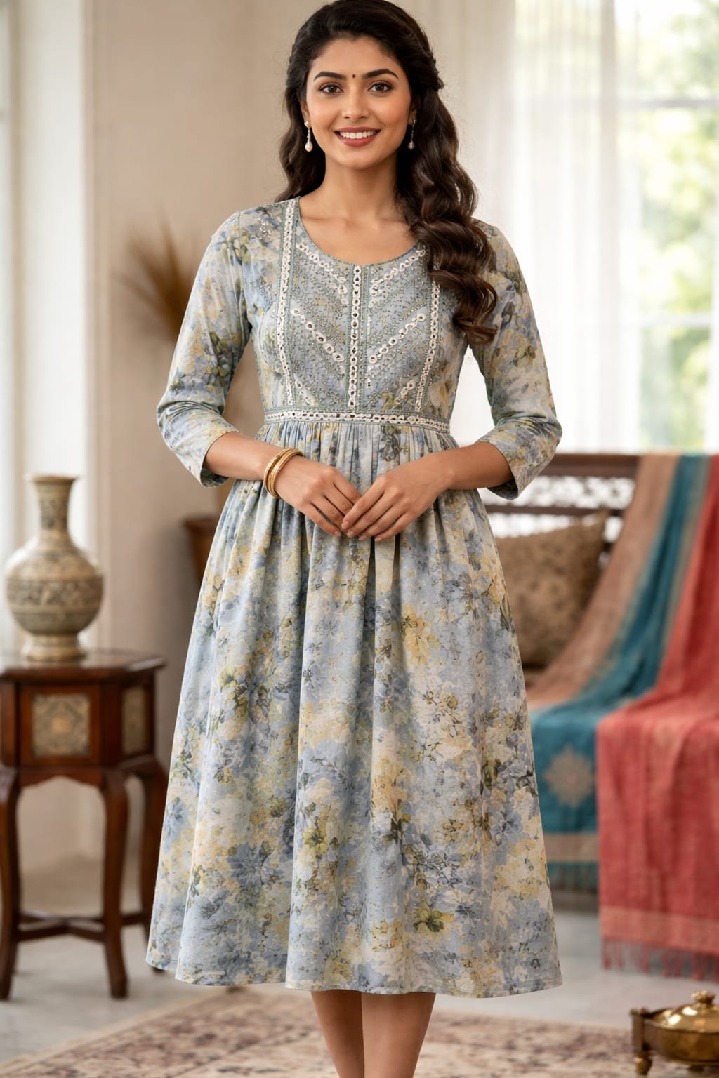 Elegant Floral Printed Anarkali Kurti  for Women | Ethnic Long Cotton Dress for Ethnic Wear online India