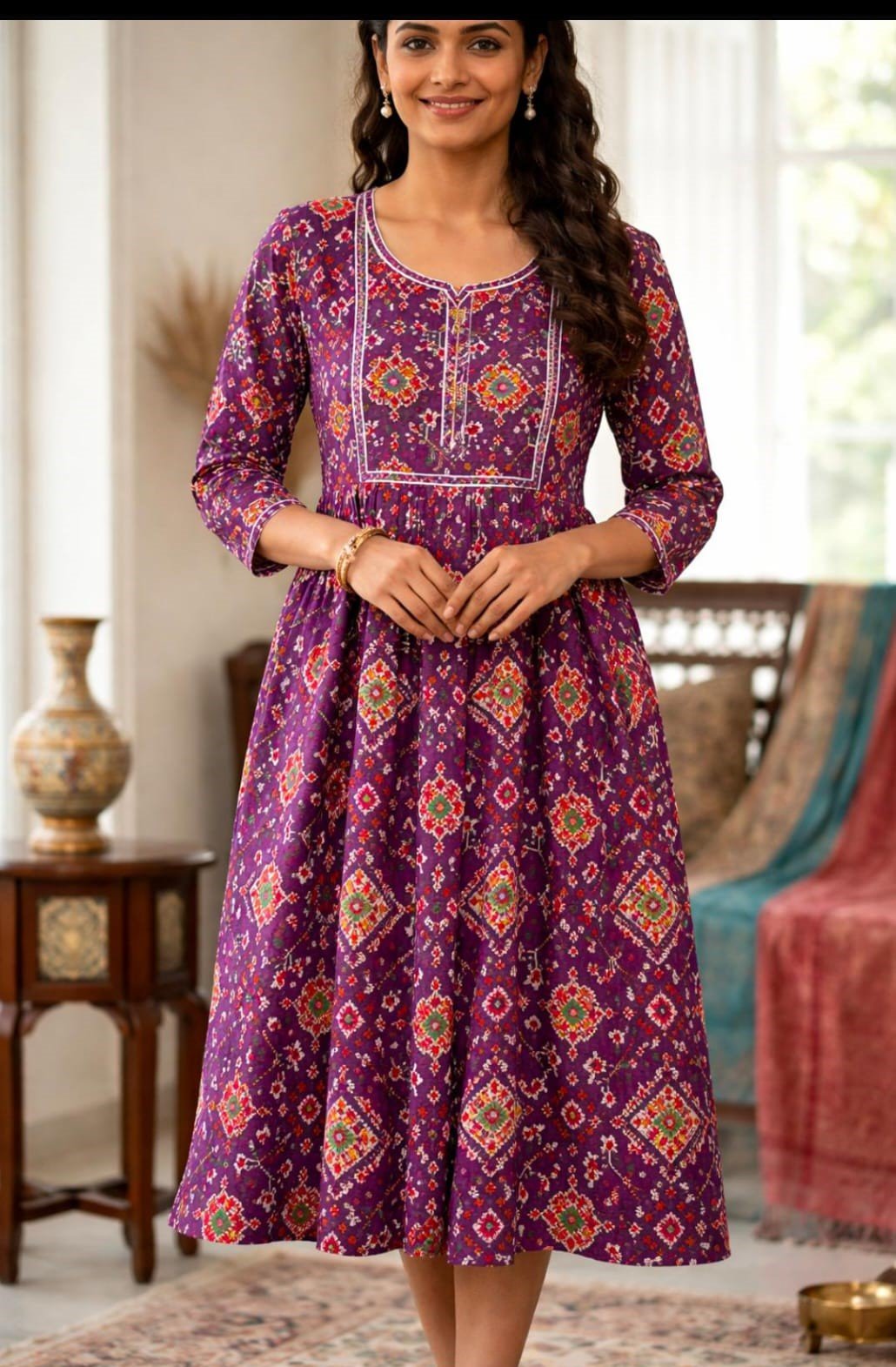 Elegant Floral Printed Anarkali Kurti  for Women | Ethnic Long Cotton Dress for Ethnic Wear online India
