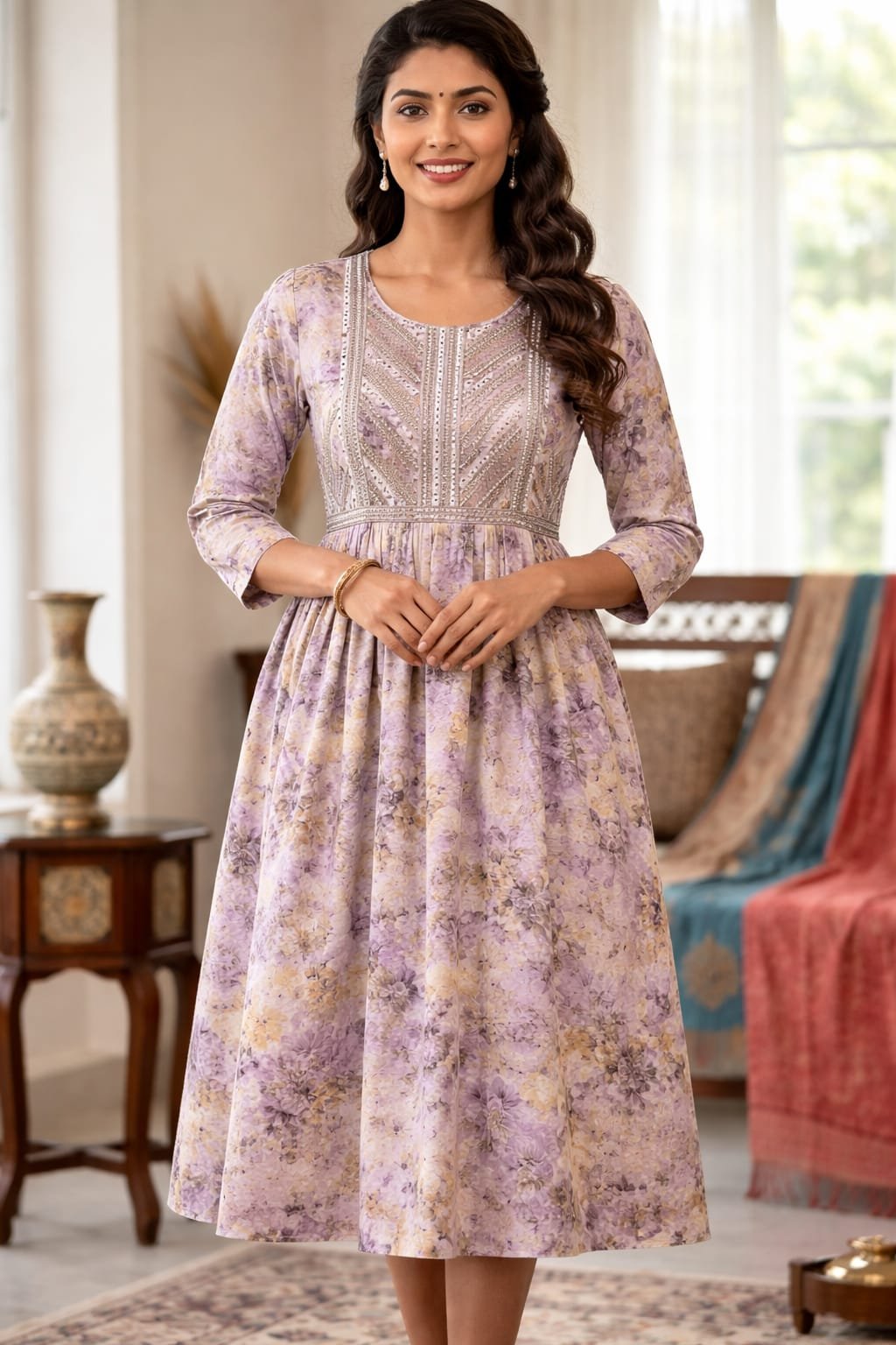Elegant Floral Printed Anarkali Kurti  for Women | Ethnic Long Cotton Dress for Ethnic Wear online India