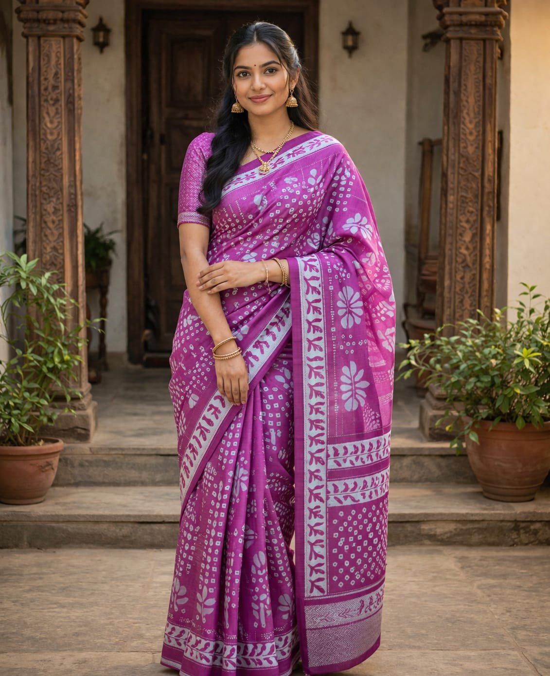 Graceful Printed Cotton Blend Saree for Women with Elegant Contrast Border for Ethnic Wear online India