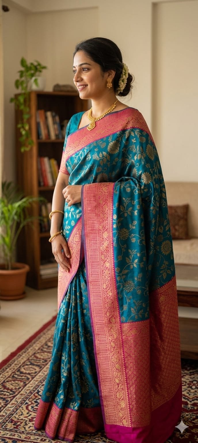 Premium Banarasi Style Silk Blend Saree with Rich Zari Border for Women for Ethnic Wear online India