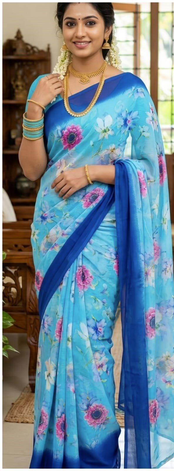 Elegant Floral Printed Sarees with Contrast Border