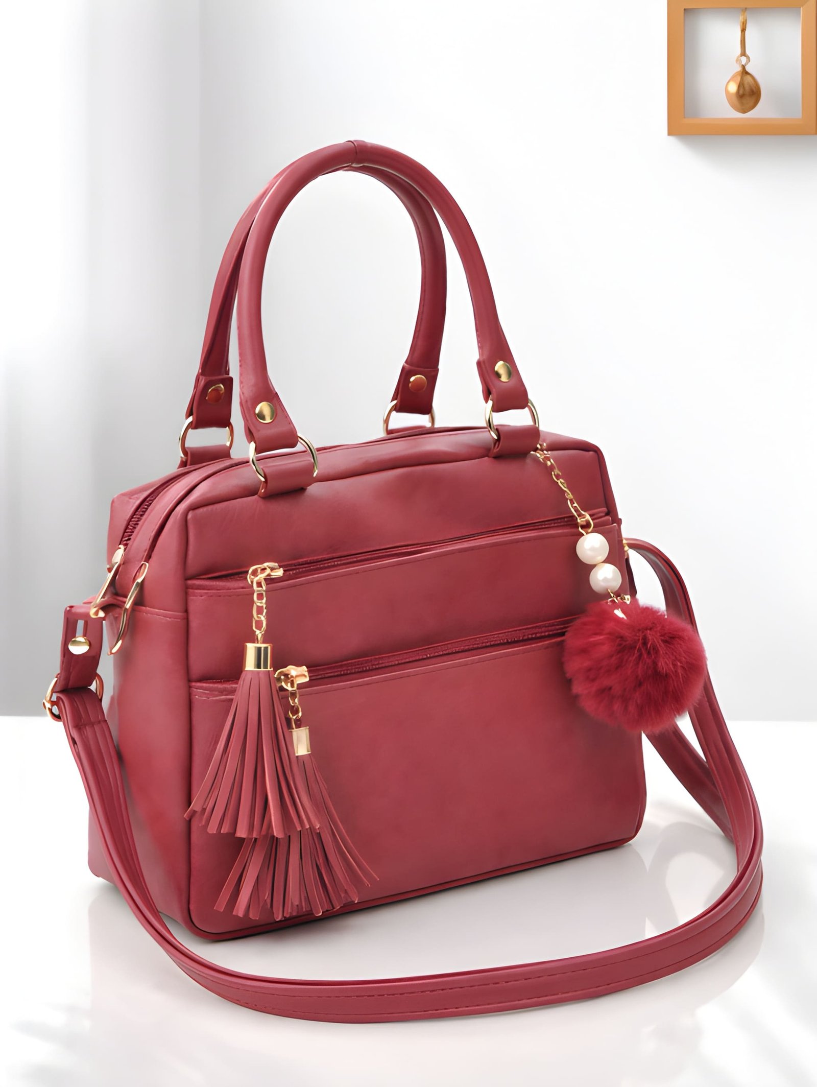 Women’s Stylish Handbag | Spacious Multi-Compartment Design with Golden Hardware & Fur Ball Charm | Perfect for Office, Daily Use, Travel & Parties for Bags online India