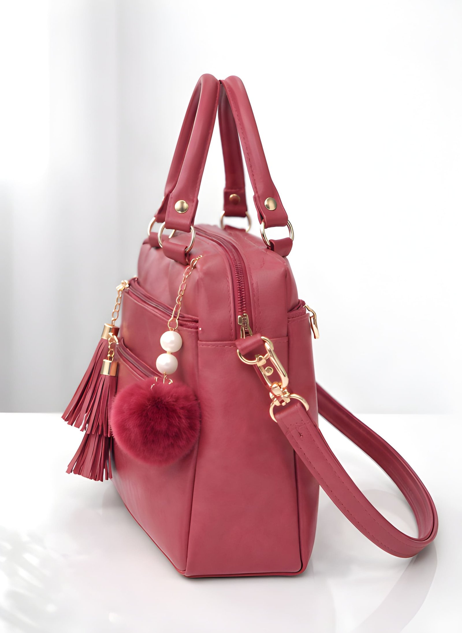 Women’s Stylish Handbag | Spacious Multi-Compartment Design with Golden Hardware & Fur Ball Charm | Perfect for Office, Daily Use, Travel & Parties for Bags online India