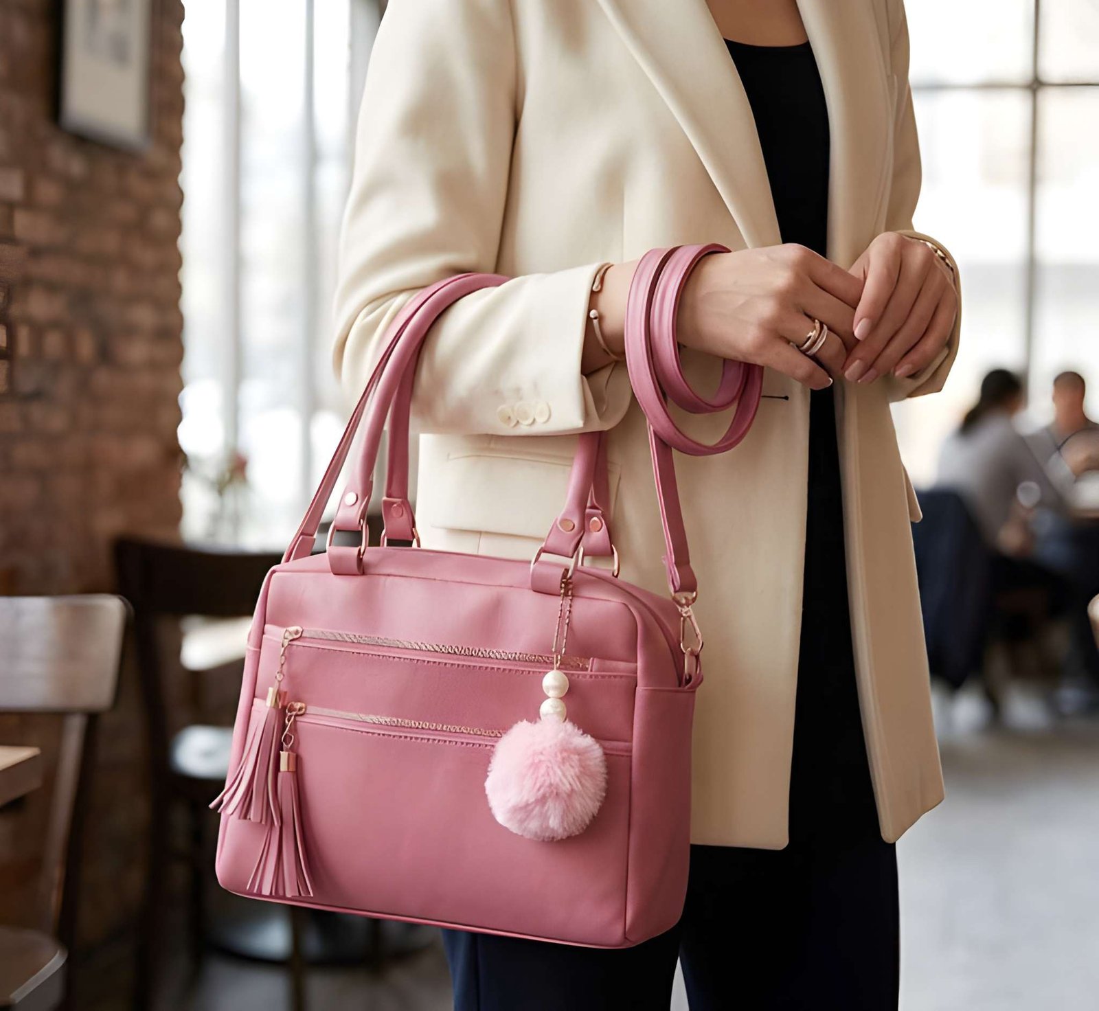 Women’s Stylish Handbag | Spacious Multi-Compartment Design with Golden Hardware & Fur Ball Charm | Perfect for Office, Daily Use, Travel & Parties for Bags online India