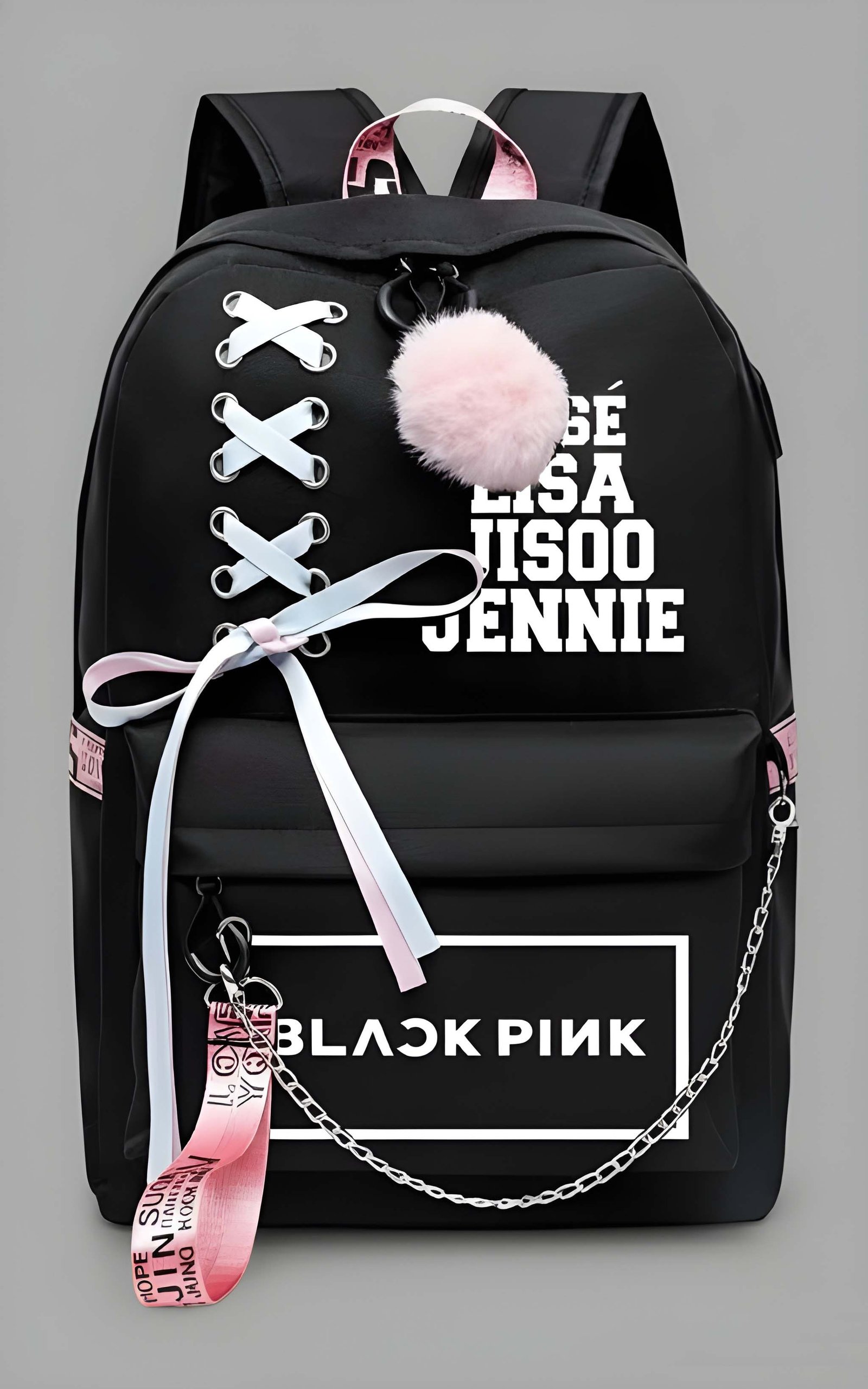 Trendy Women’s Black Backpack with Pink Accents | Lightweight PU Leather School & College Bag with Adjustable Straps, Front Pocket & Fur Charm