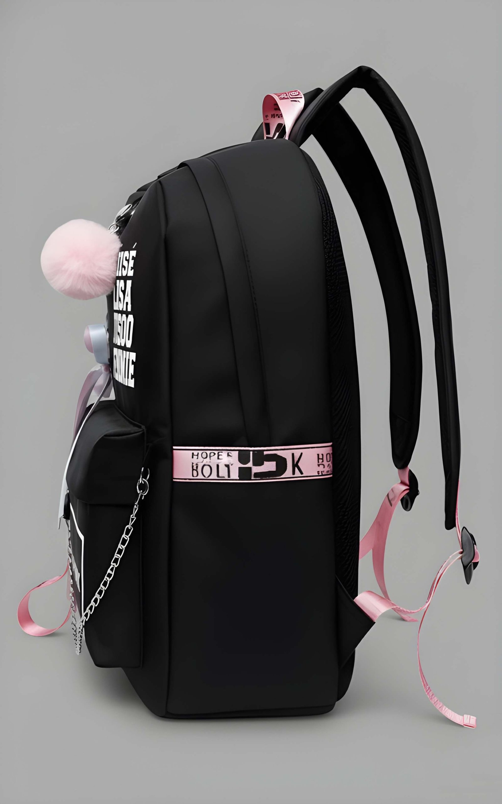 Trendy Women’s Black Backpack with Pink Accents | Lightweight PU Leather School & College Bag with Adjustable Straps, Front Pocket & Fur Charm for Bags online India