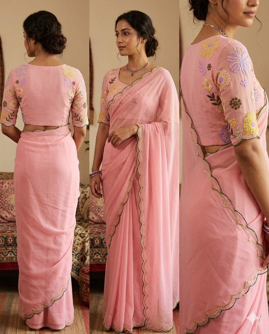 Elegant Pink Floral Embroidered Saree for Ethnic Wear online India