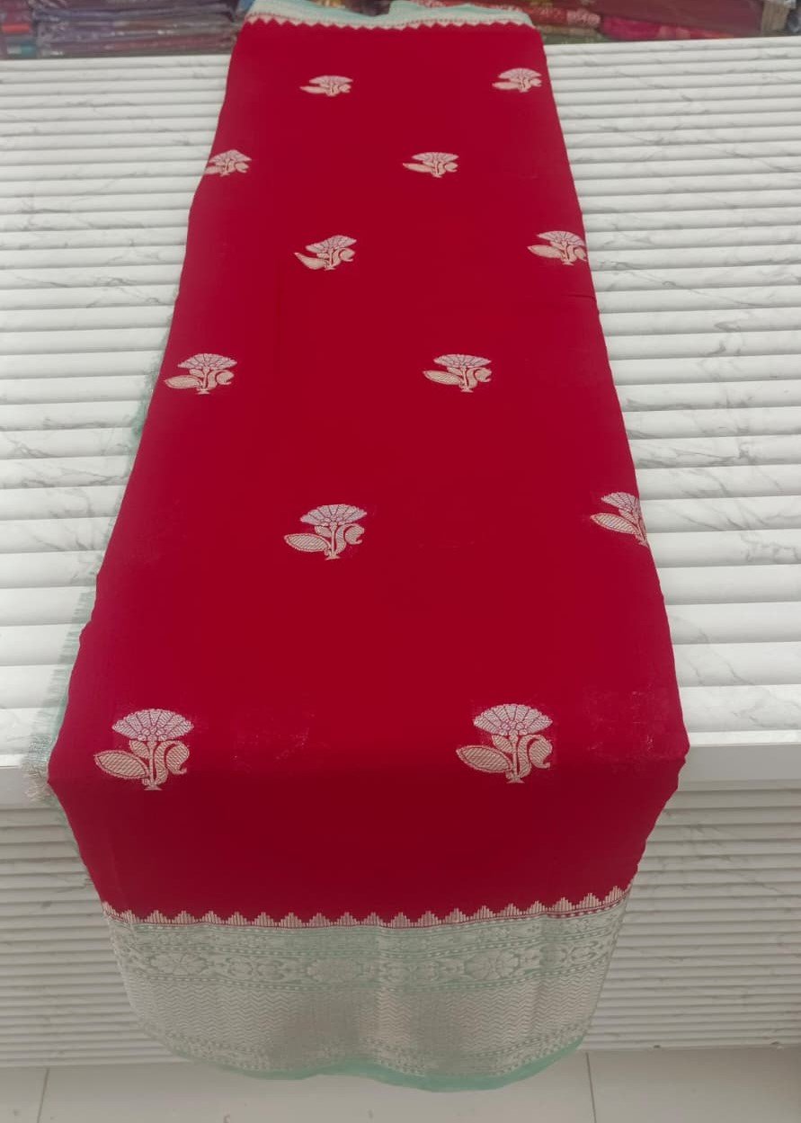 Red Banarasi Style Cotton Silk Saree with Silver Zari Border for Ethnic Wear online India