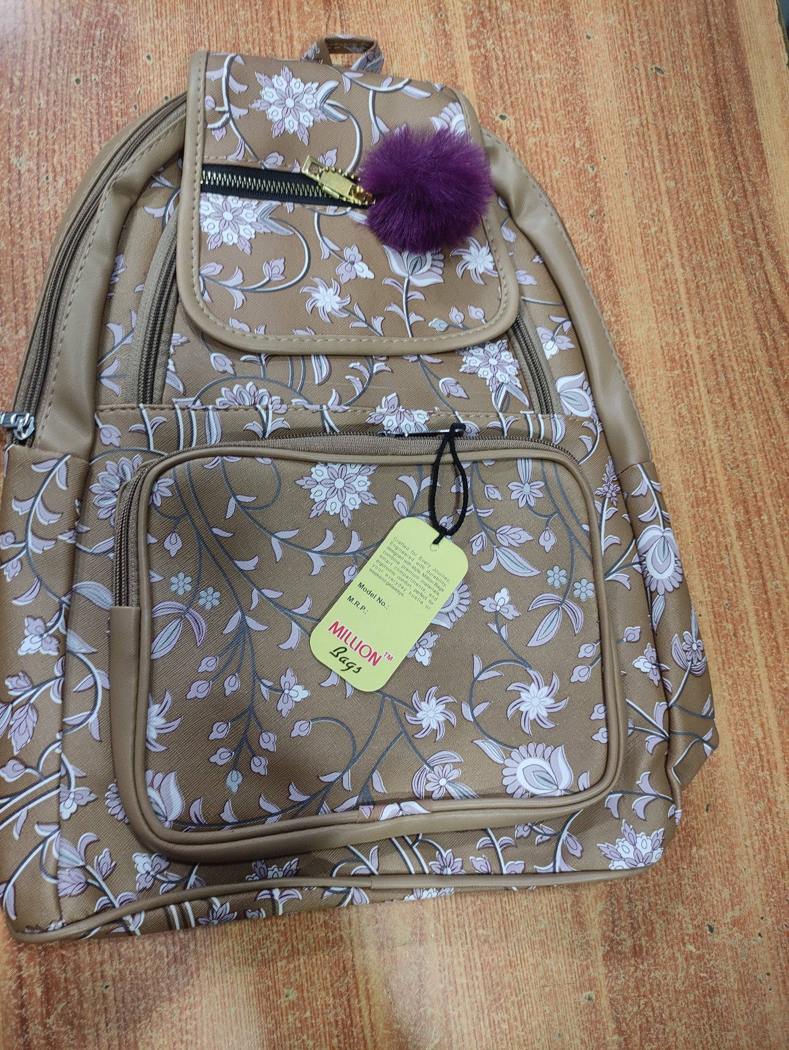 Million Bags Beige Floral Print Mini Backpack for Women & Girls | Stylish Casual Daypack with Pom-Pom Charm
