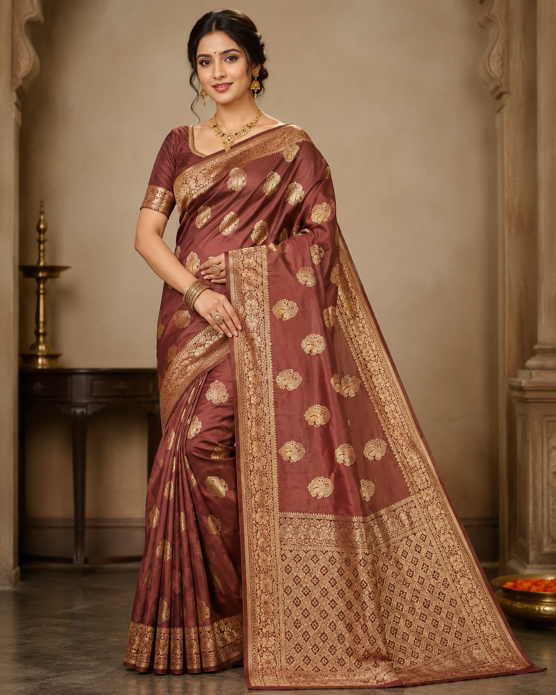 Elegant Copper Minakari Khaddi Silk Saree