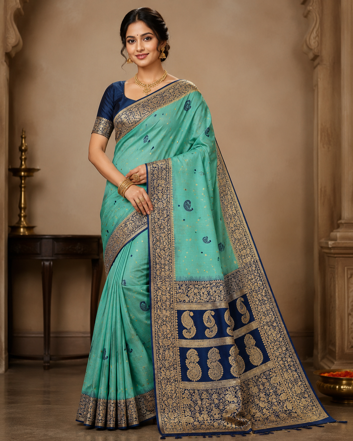 Traditional Aqua Teal Handwoven Mahabalipuram Silk Saree with Navy Blue Antique Gold Zari Border