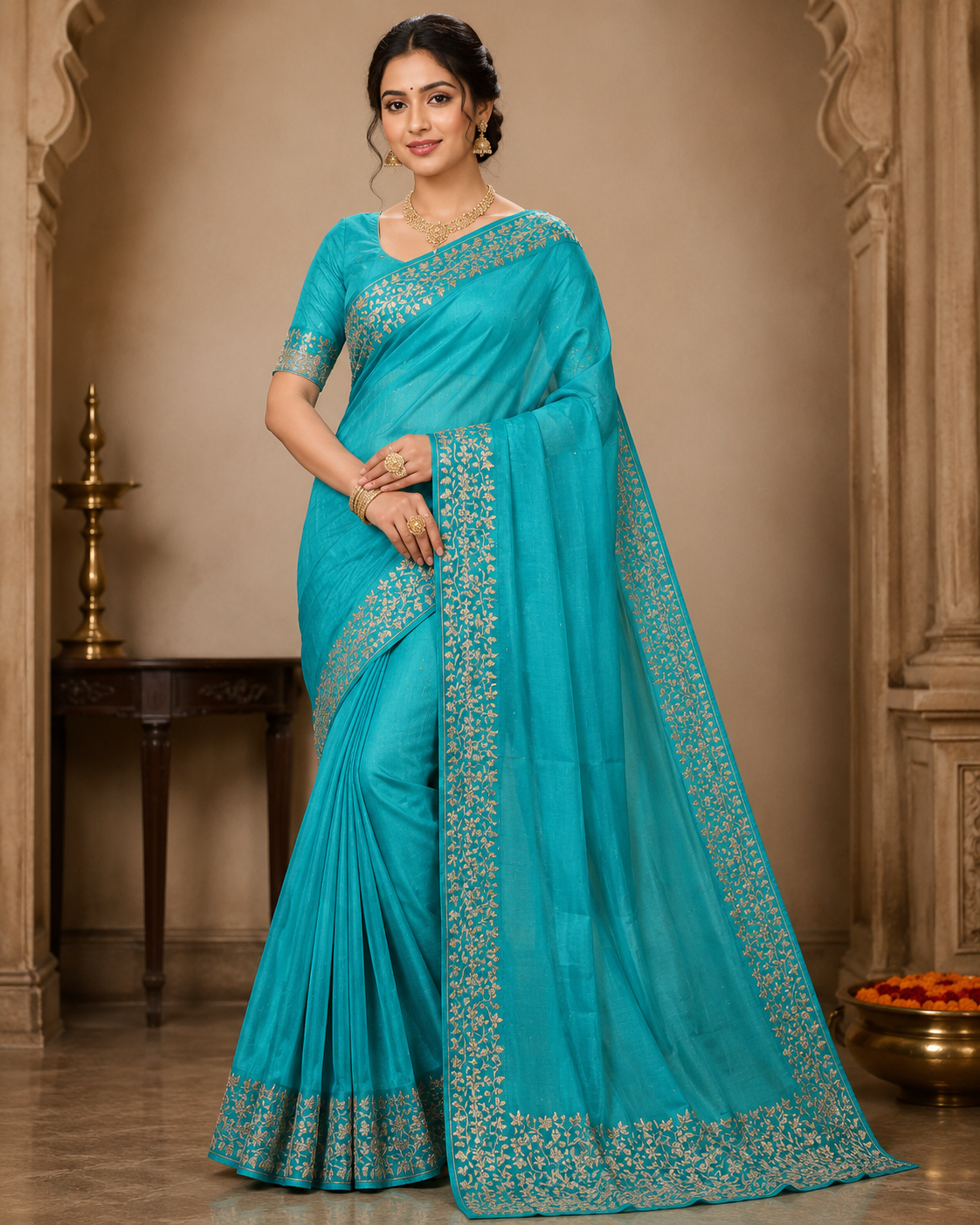Vichitra Silk Party Wear Saree with Rose Gold Floral Embroidered Border & Blouse Piece