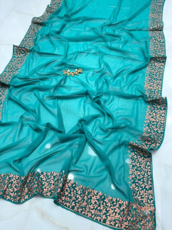 Vichitra Silk Party Wear Saree with Rose Gold Floral Embroidered Border & Blouse Piece for Ethnic Wear online India