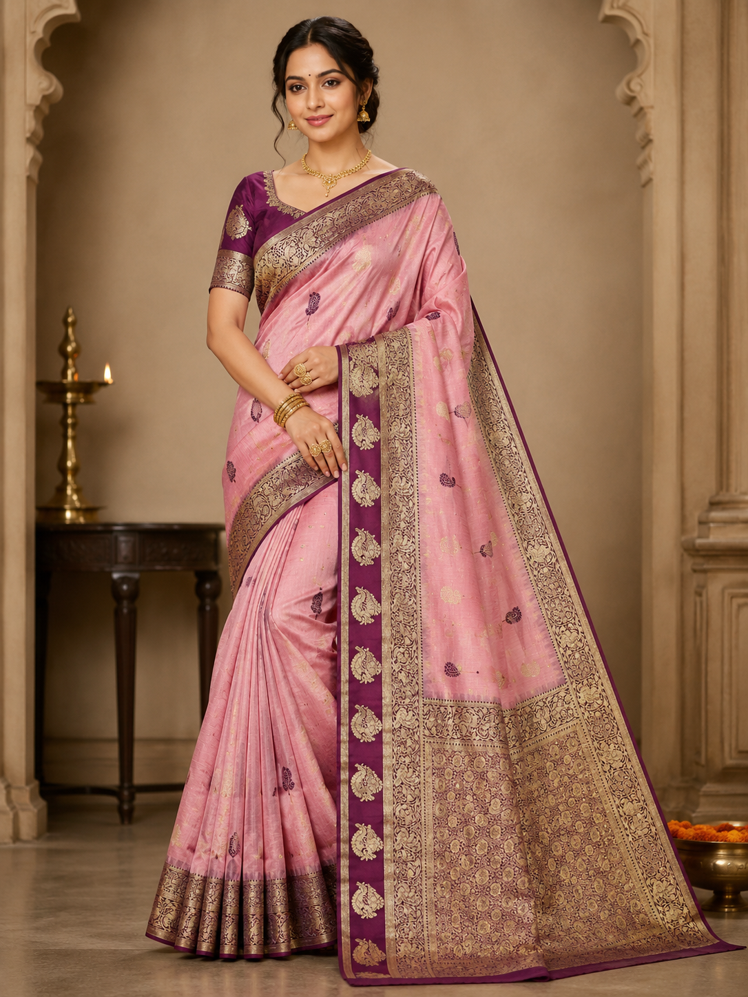 Handwoven Mahabalipuram Silk Saree with Deep Wine Gold Zari Contrast Border