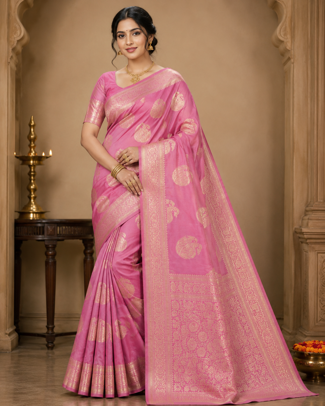Rose Crepe Banarasi Handloom Saree with Antique Gold Zari
