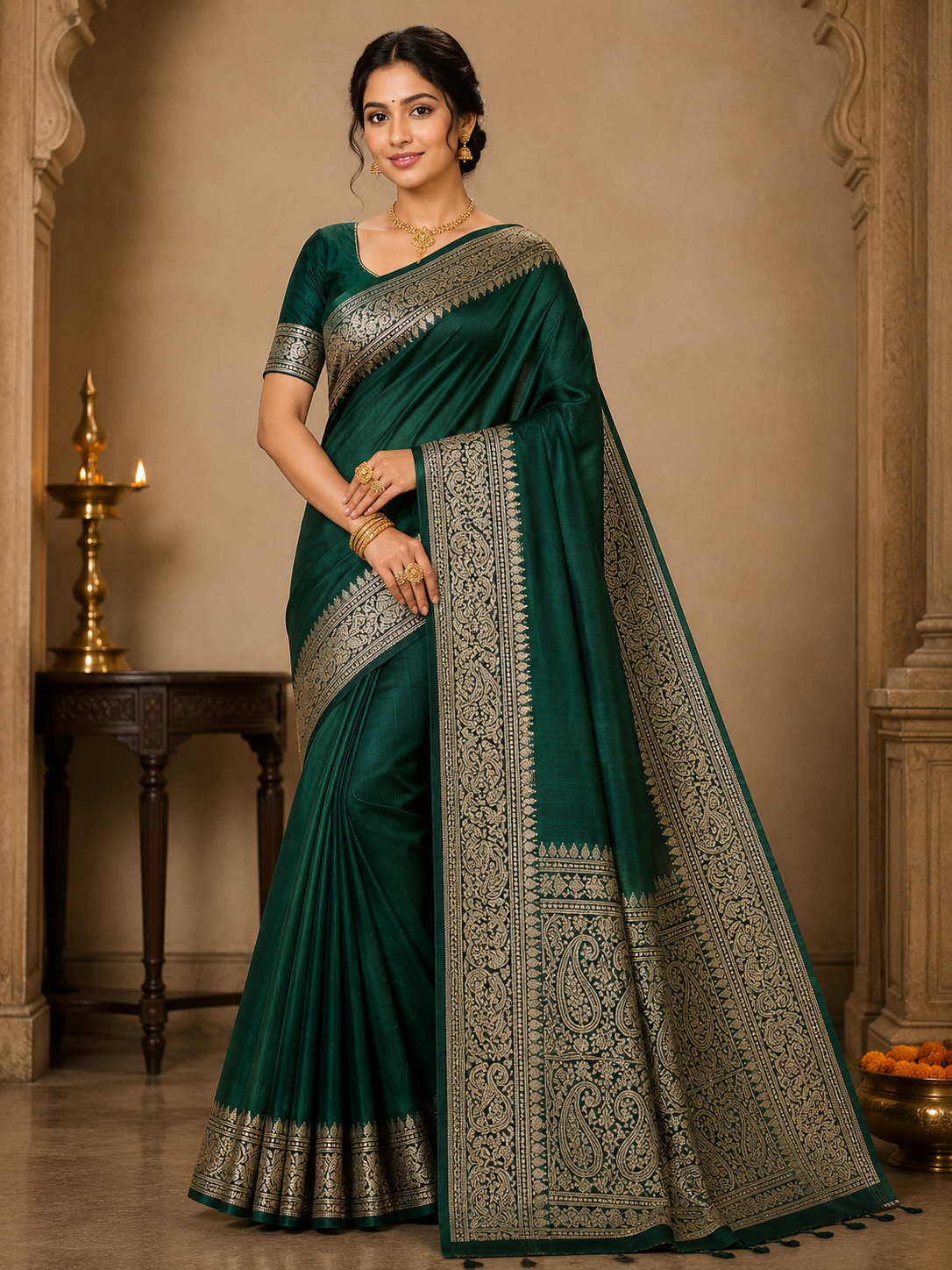 Elegant Traditional Festive Bottle Green Slub Silk Handcrafted Saree with Antique Gold Paisley Woven Border & Pallu –  with Blouse Piece